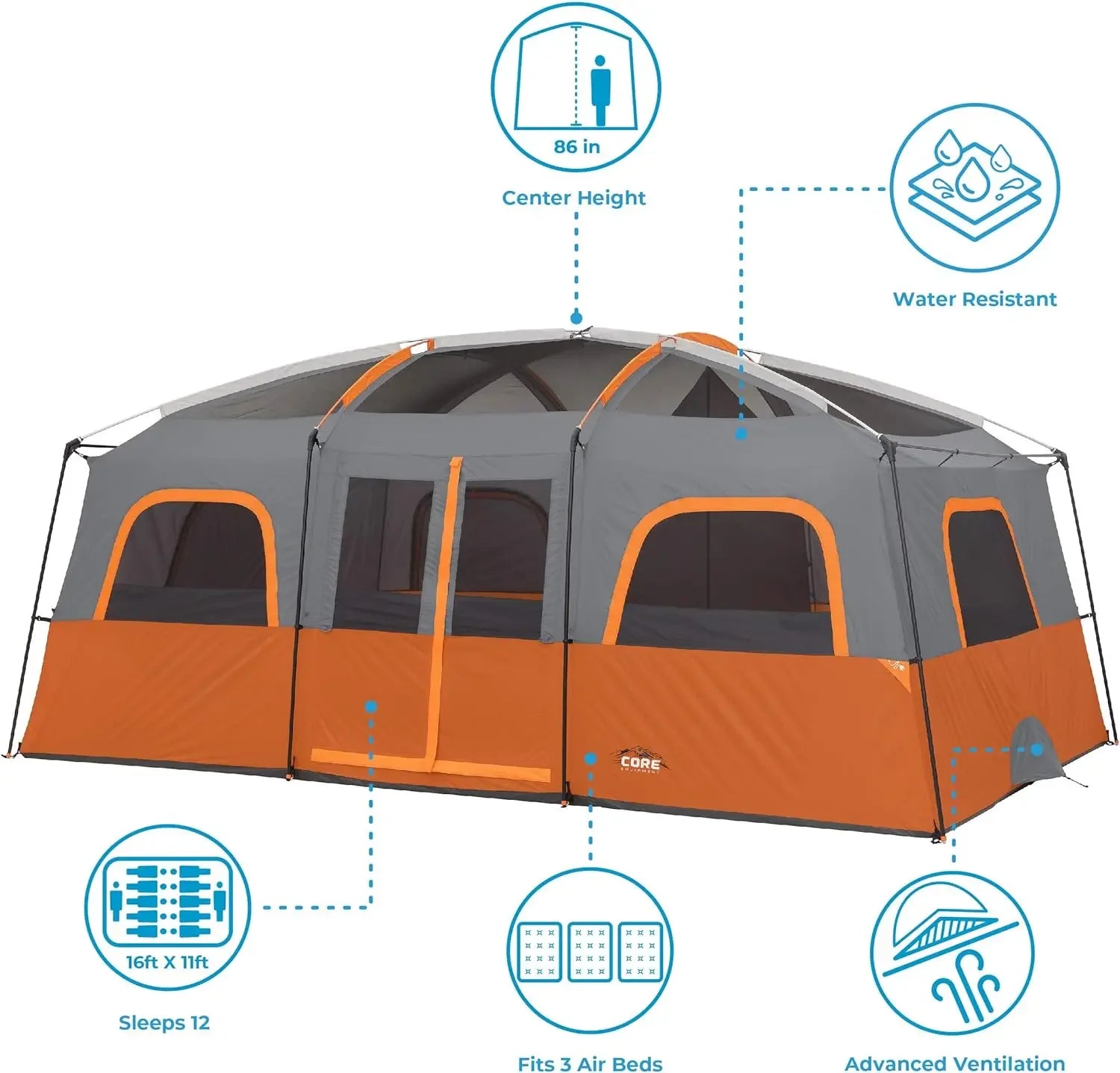 CORE 12 Person Tent | Large Multi Room Camping Tent for Outdoor Family Camping | Portable Cabin Stand Up Tent with Storage