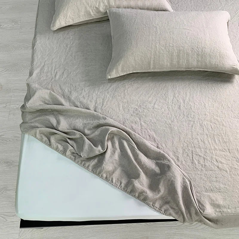 100% Linen Fitted Sheet Stone Washed Solid Color 1Piece Deep Pocket Mattress Cover Natural Soft and Breathable Farmhouse Bedding