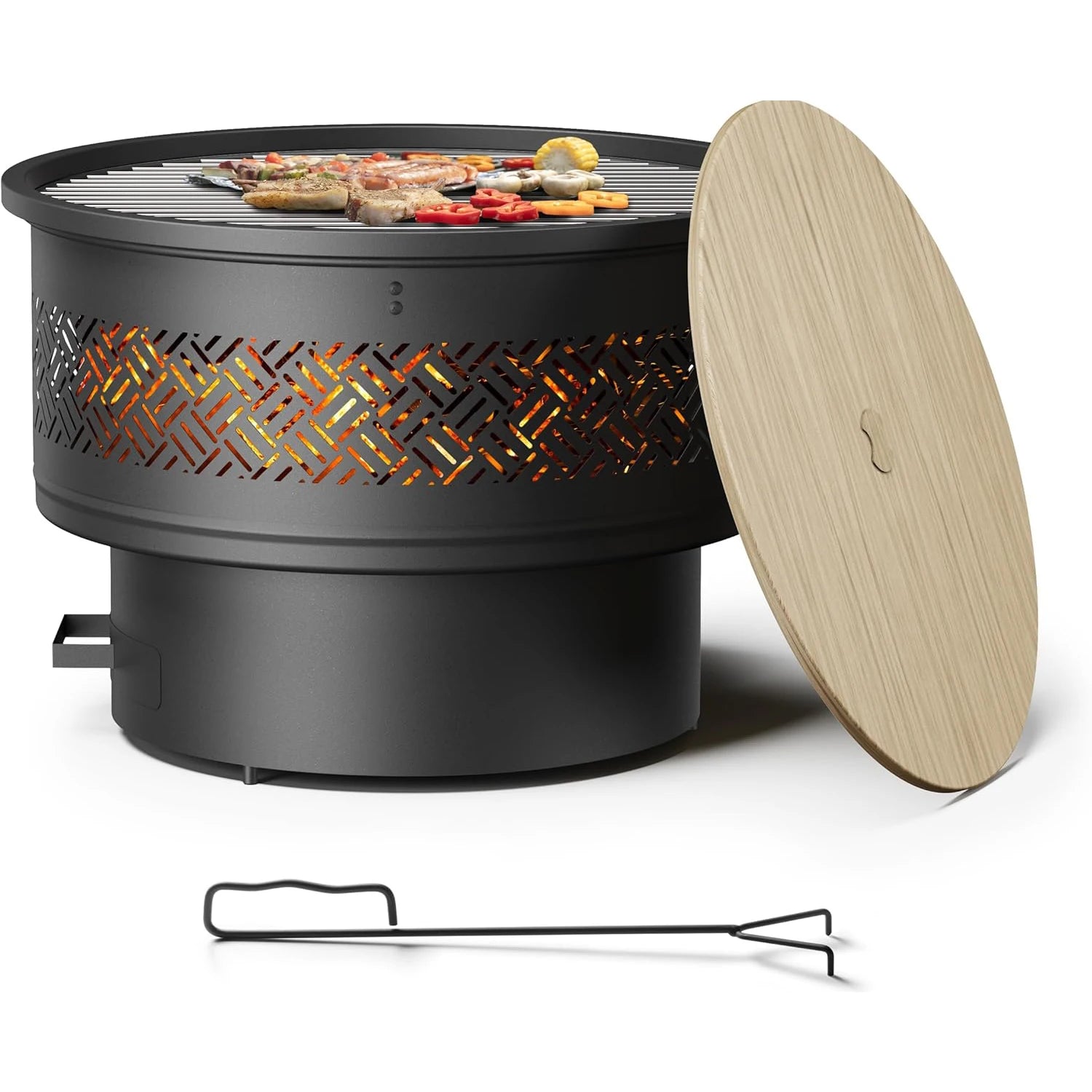 Freestanding Outdoor Fire Pit with Integrated Grate, Decorative Cutouts, and Multi-Purpose Use