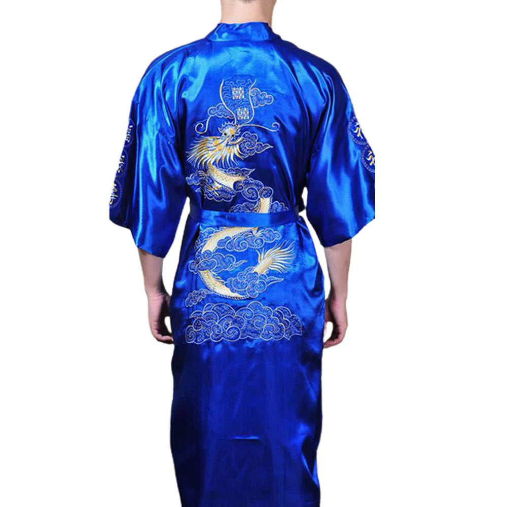 Satin Sleepwear Gown for Men, Chinese Dragon Design, Silk Kimono Bathrobe, M 2XL, Available in Multiple Colors