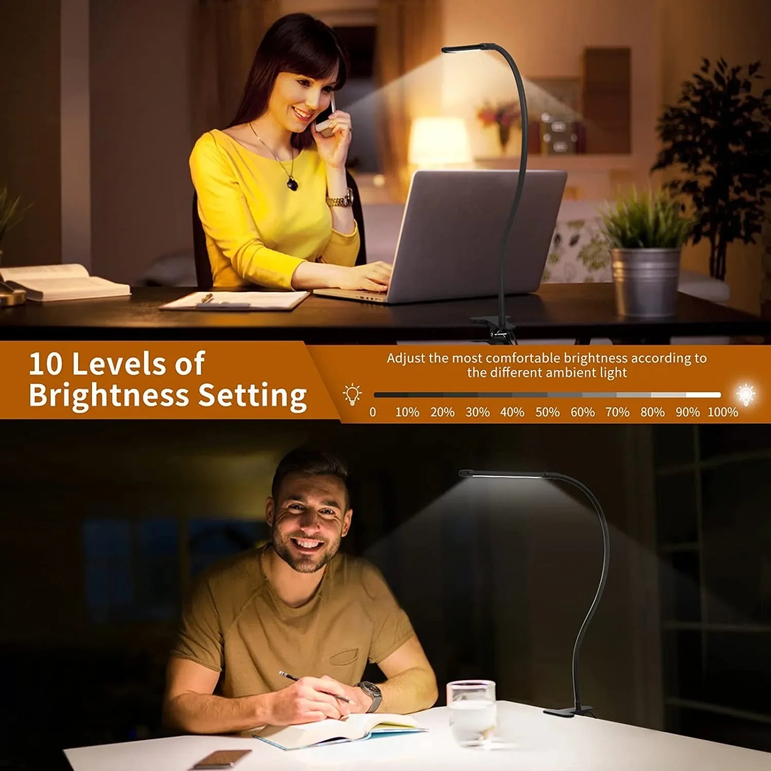 10W LED Desk Lamp with Clamp Dimmable Clip On Reading Light 10 Brightness Level 3 Lighting Modes Flexible Study Table Lamp USB