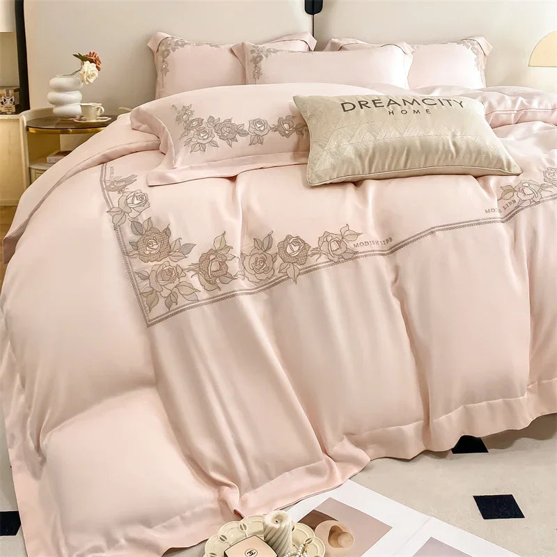 Luxury Embroidery Pure Bamboo Bedding Set Organic Bamboo Duvet Cover Flat Bed Sheet Pillowcase Cooling Bed Linen Queen King Size