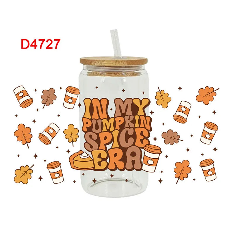 Thanksgiving Day Fall UV DTF Cup Wraps Transfer Sticker For 16OZ Glass Libbey Can Bottle Selfadhesive Washable DIY Custom D4365