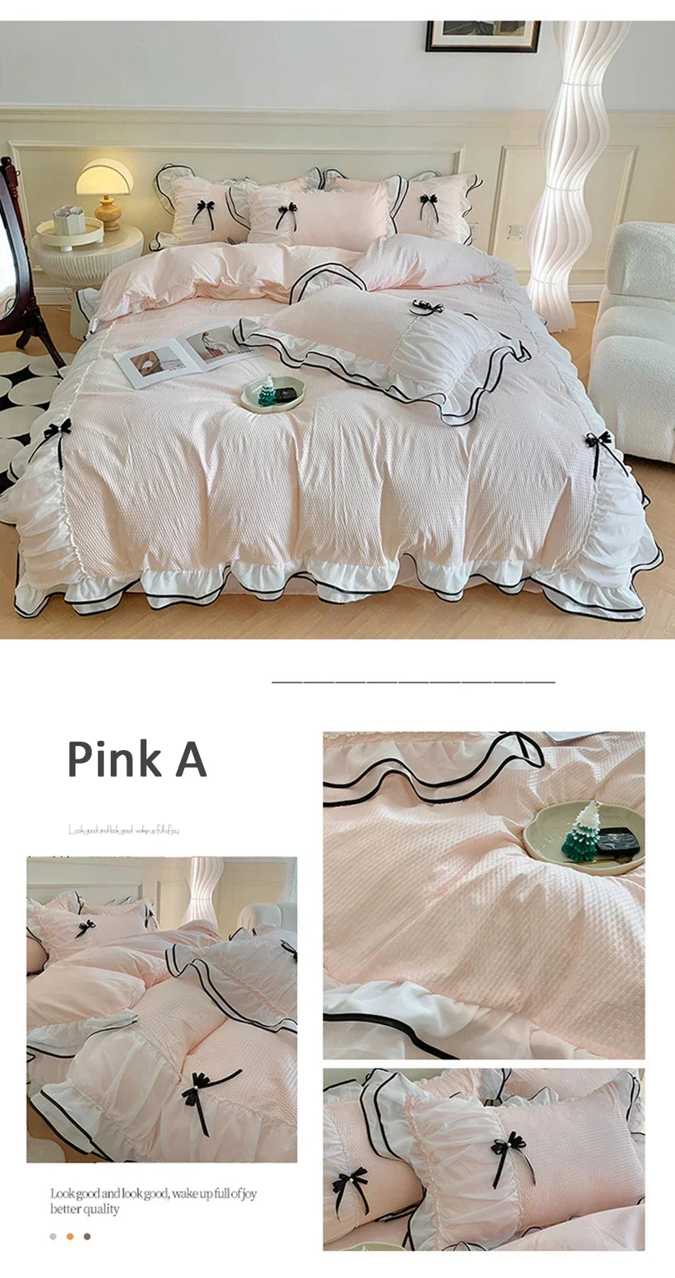 Korean Seersucker Bedding Set Princess Girls Lace Ruffled Bow Duvet Cover Double Bed Sheets Washed Cotton Twin Queen Quilt Cover