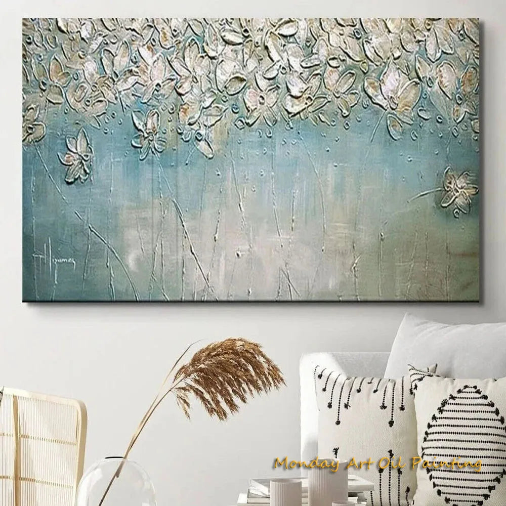 Handnade 3d Knife Oil Painting Textured Wild Flower Large Blue White Abstract Home Accent Piece Hotel Wall Statement Decor