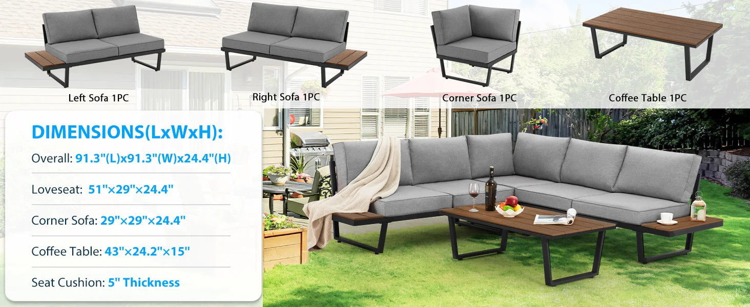 EROMMY 4 Pieces Outdoor Sectional Sofa Set with Coffee Table, 91''×91'' Extra Large L-Shaped Metal Conversation Set with All-Wea