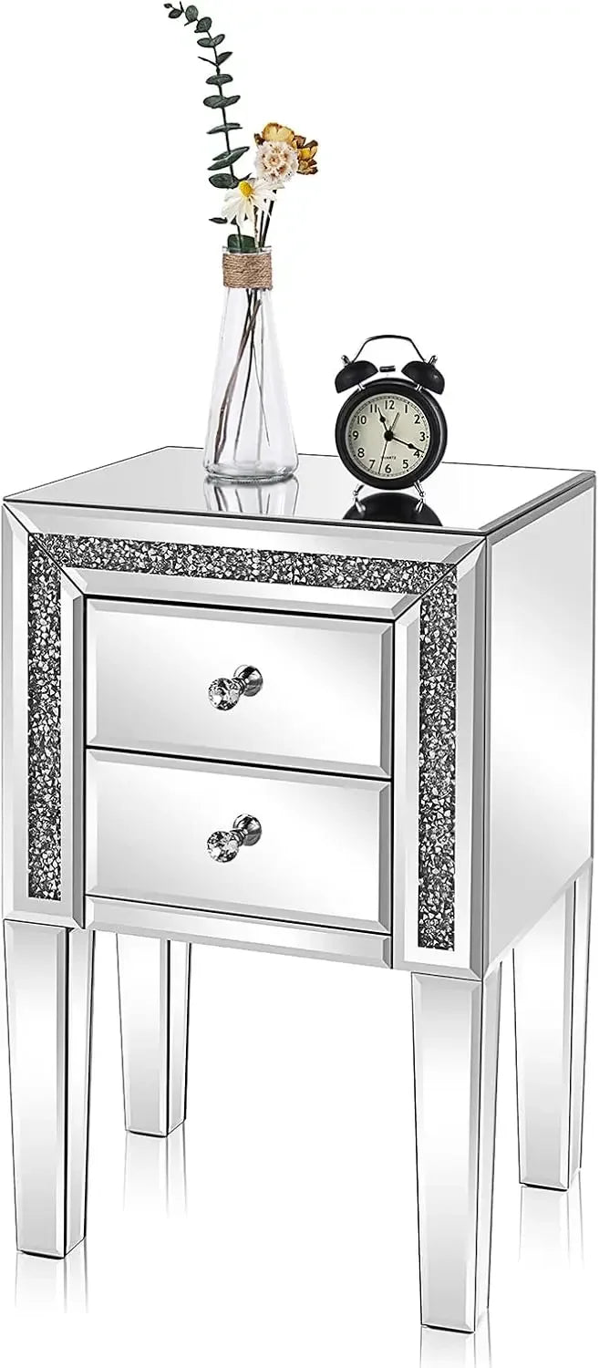 Mirrored Nightstand – Silver Glass End Table with Storage