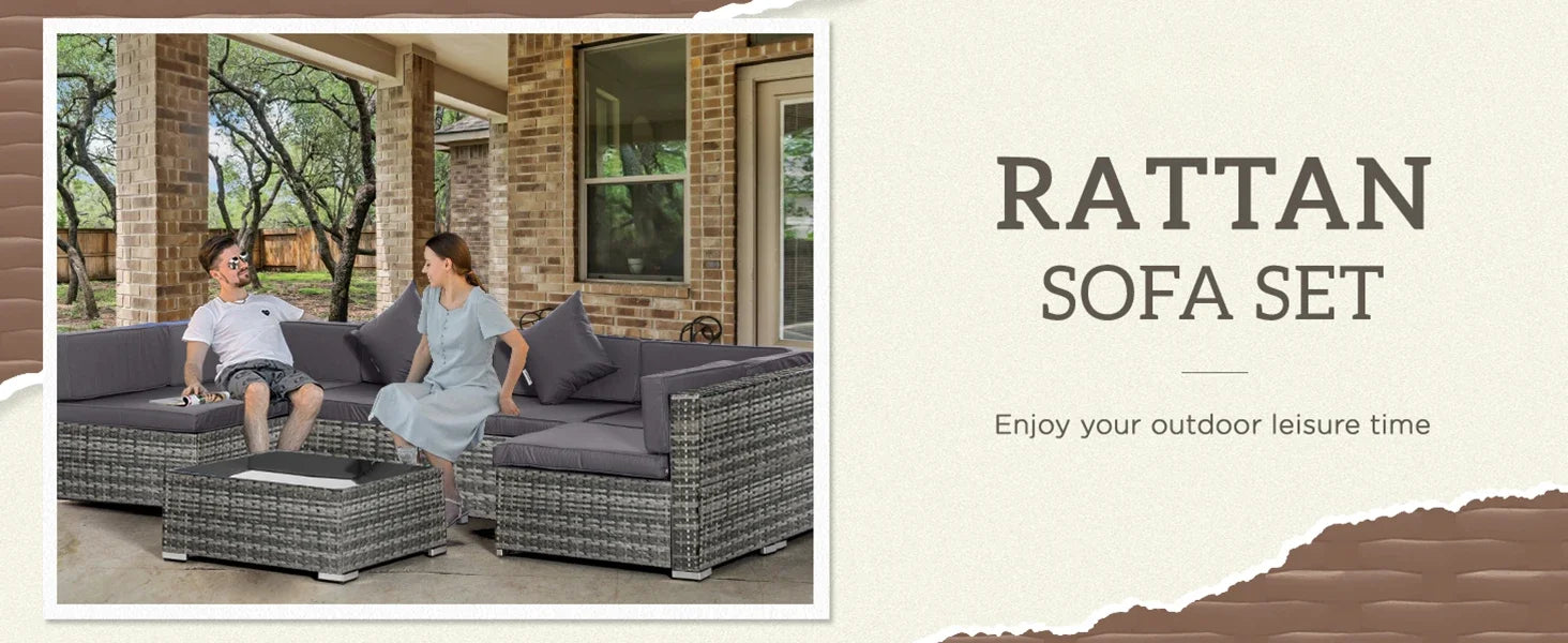 7-piece Patio outdoor all-weather PE rattan segmented sofa set, with soft cushion and tempered glass tabletop, gray