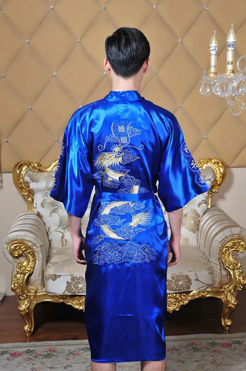 Chinese Style Robe Classical Embroider Dragon Kimono Man Homewear Long Bathrobe Satin Nightgown Loose Sleepwear Loungewear