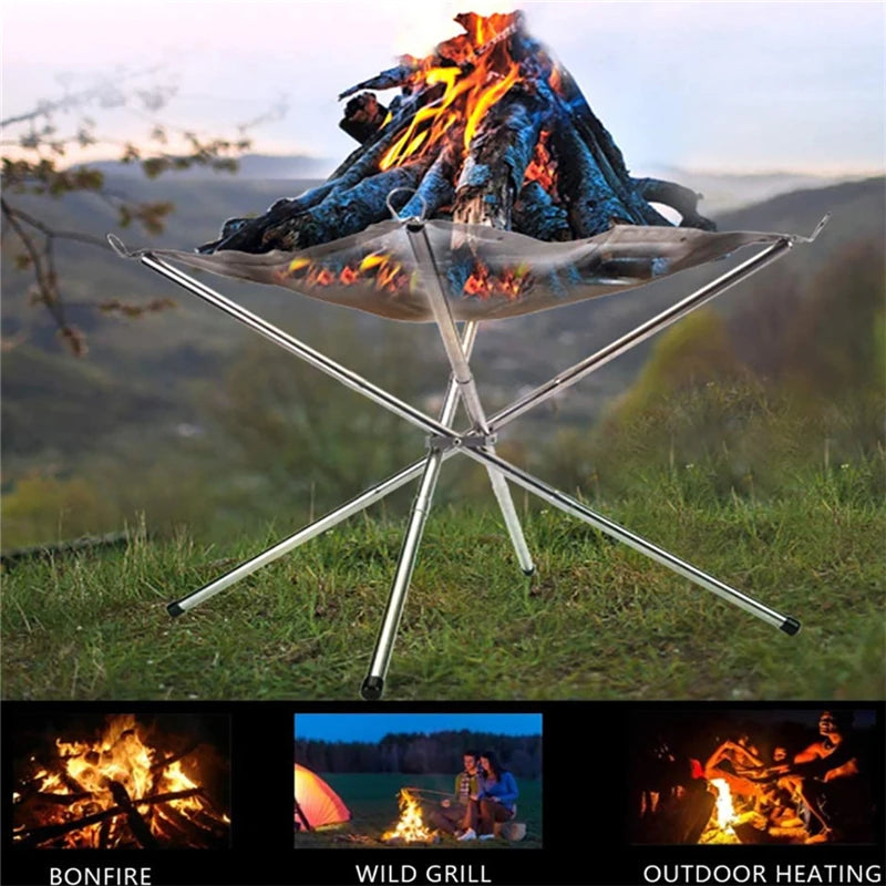 Portable Outdoor Fire Pit Grill Collapsing Steel Mesh Fire Stand Stainless Steel Foldable Mesh Fire Pit Outdoor Wood Heater Heat