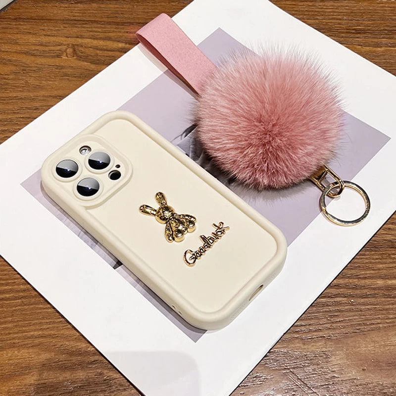 3D Rabbit Phone Case For Samsung Galaxy S24 S23 S22 S21 Ultra Plus FE A52 A32 A53 A13 A33 A52 A34 Plush Wristband Silicone Cover