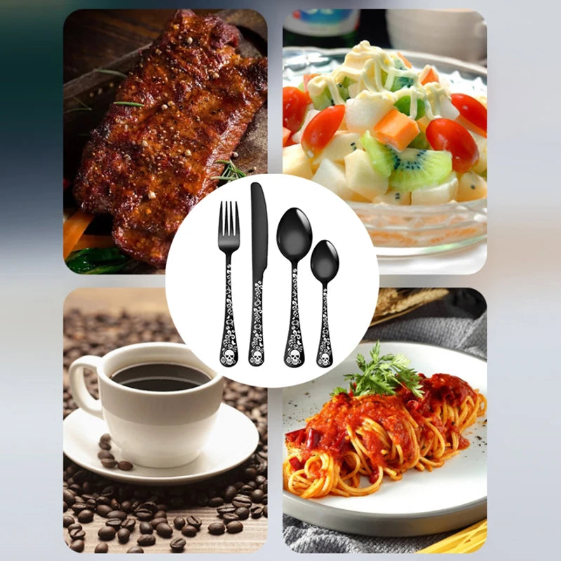 Stainless Steel Halloween Flatware Set Stainless Steel Skull Pattern Eating Utensils 4pcs Portable Kitchen Forks And Spoons