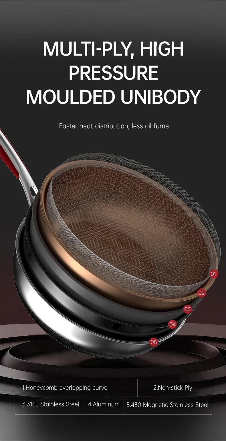 Non-stick wok 28cm 316L stainless steel frying pan chinese wok honeycomb nonstick bottom high end kitche kitchen cookware