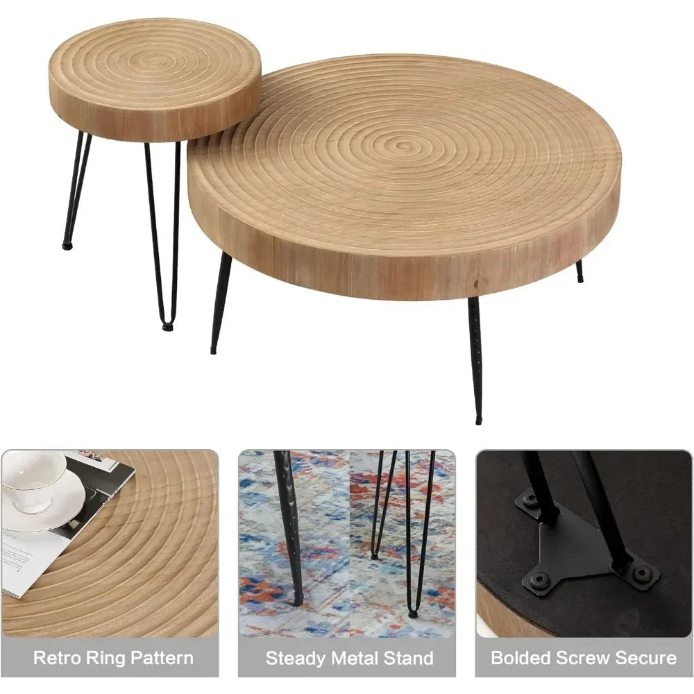 Farmhouse Round Coffee Table Set of 2, Cocktail Table Set, Modern Circle Natural Wood Finsh Side and End Table Sets