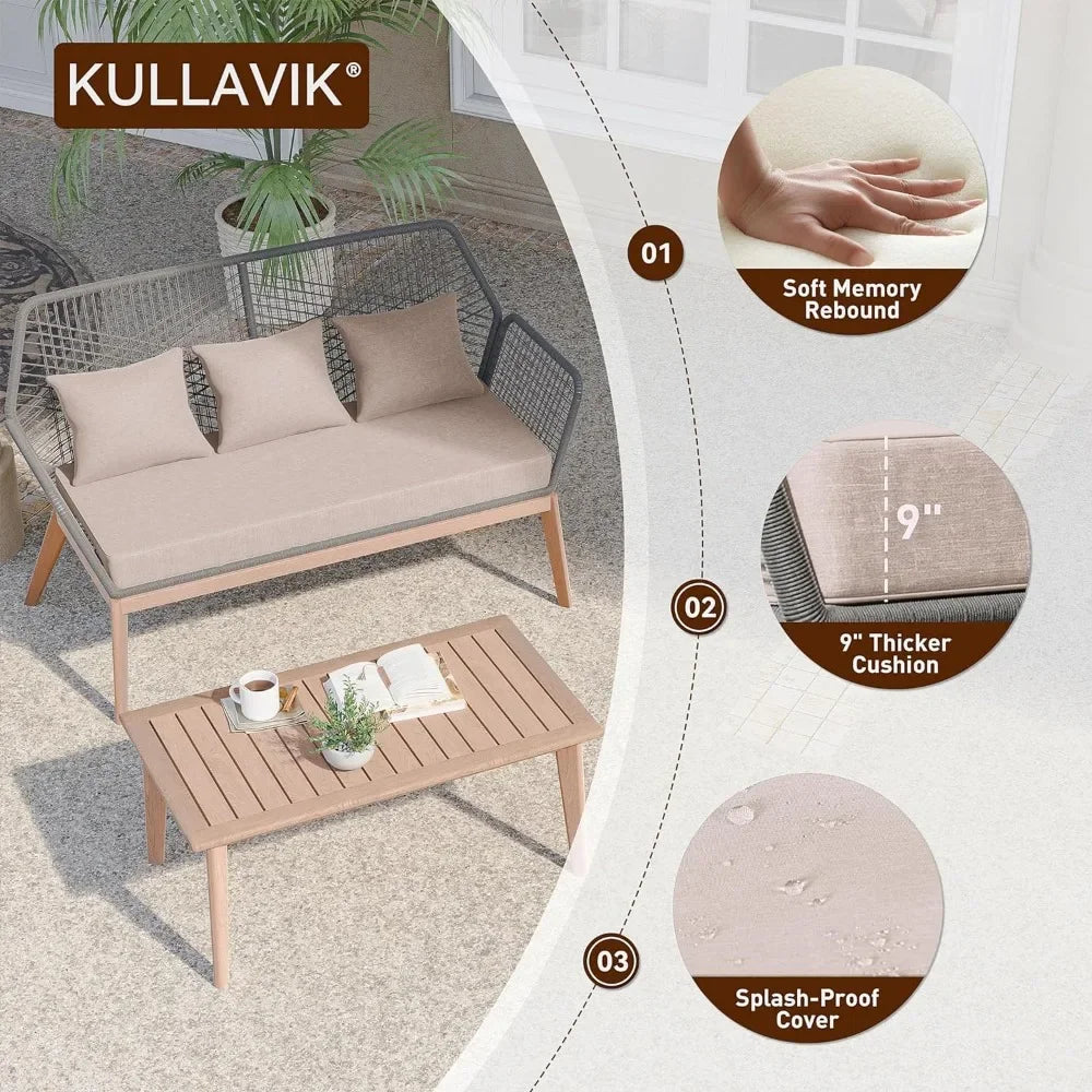 Outdoor Patio Furniture Set, 5 Pieces Indoor Rope Woven Sectional Sofa Set Modern Oak Patio Conversation Sets with Wooden Table