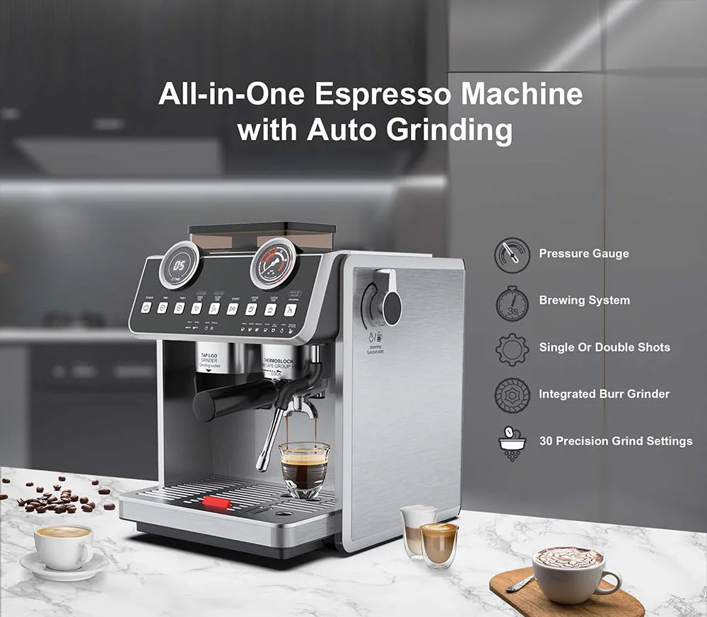 Luxury 20 Bar Pressure Espresso Coffee Machine Double Boiler Bean Grinder Semi-Automatic 2.5L Water Tank Electric Coffee Maker