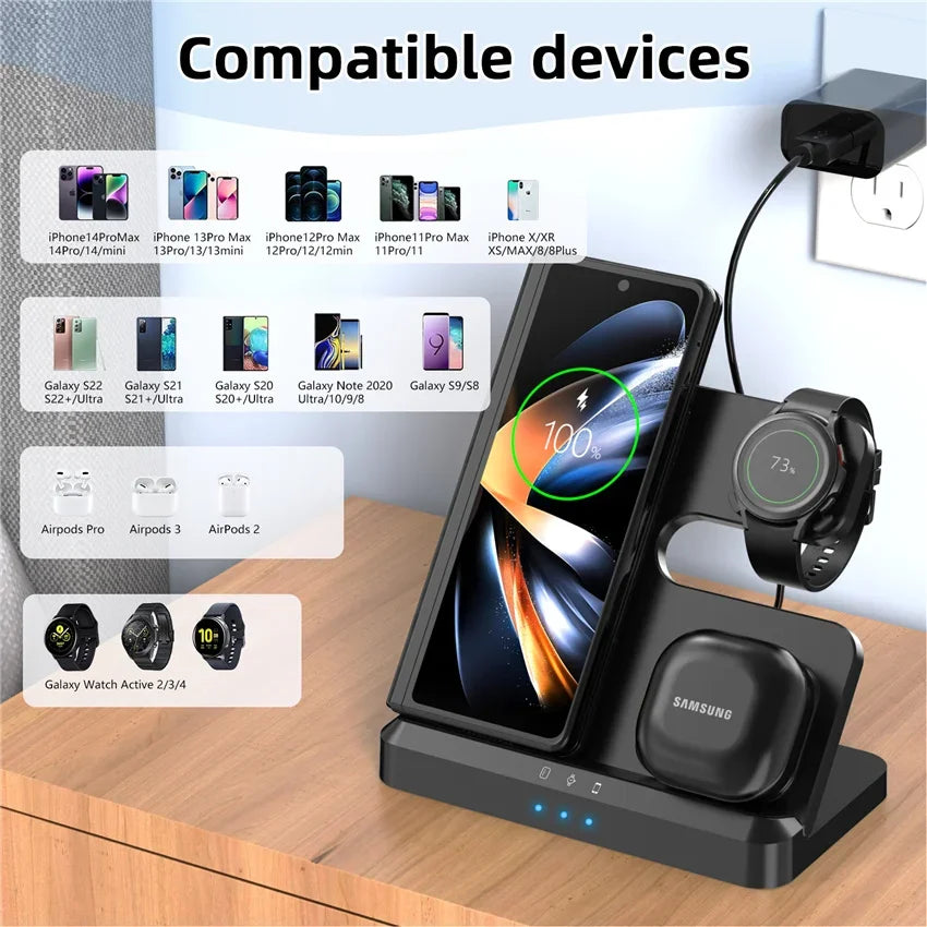 100W 3 in 1 Wireless Charger Stand For Samsung Fold 4 3 S22 Untra Galaxy Watch 5 4 3 Active 2/1 Buds Fast Charging Dock Station