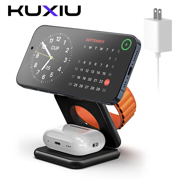 KUXIU 3 In 1 Foldable Magnetic Wireless Charger Stand For iPhone15 14 13Pro/Max/Plus, AirPods 3/2/Pro, iWatch Dock Fast Charger