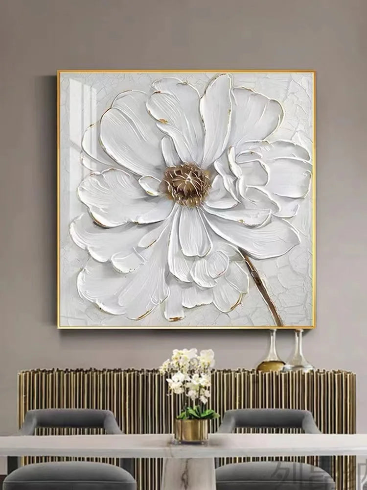 Handpainted Abstract Big White Flower Canvas Painting Modern Picture for Living Room Aisle Fashion Wall Art Picture Gifts