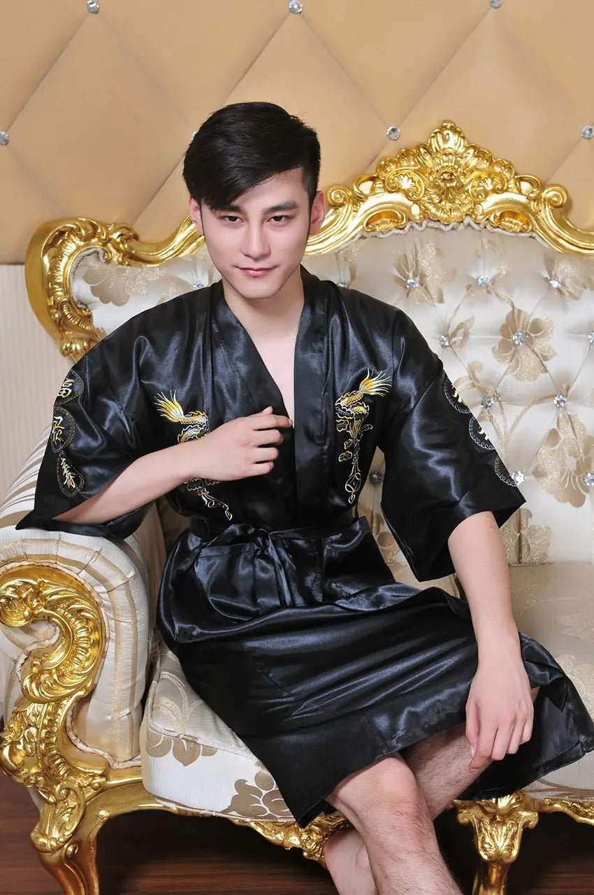 Chinese Style Robe Classical Embroider Dragon Kimono Man Homewear Long Bathrobe Satin Nightgown Loose Sleepwear Loungewear