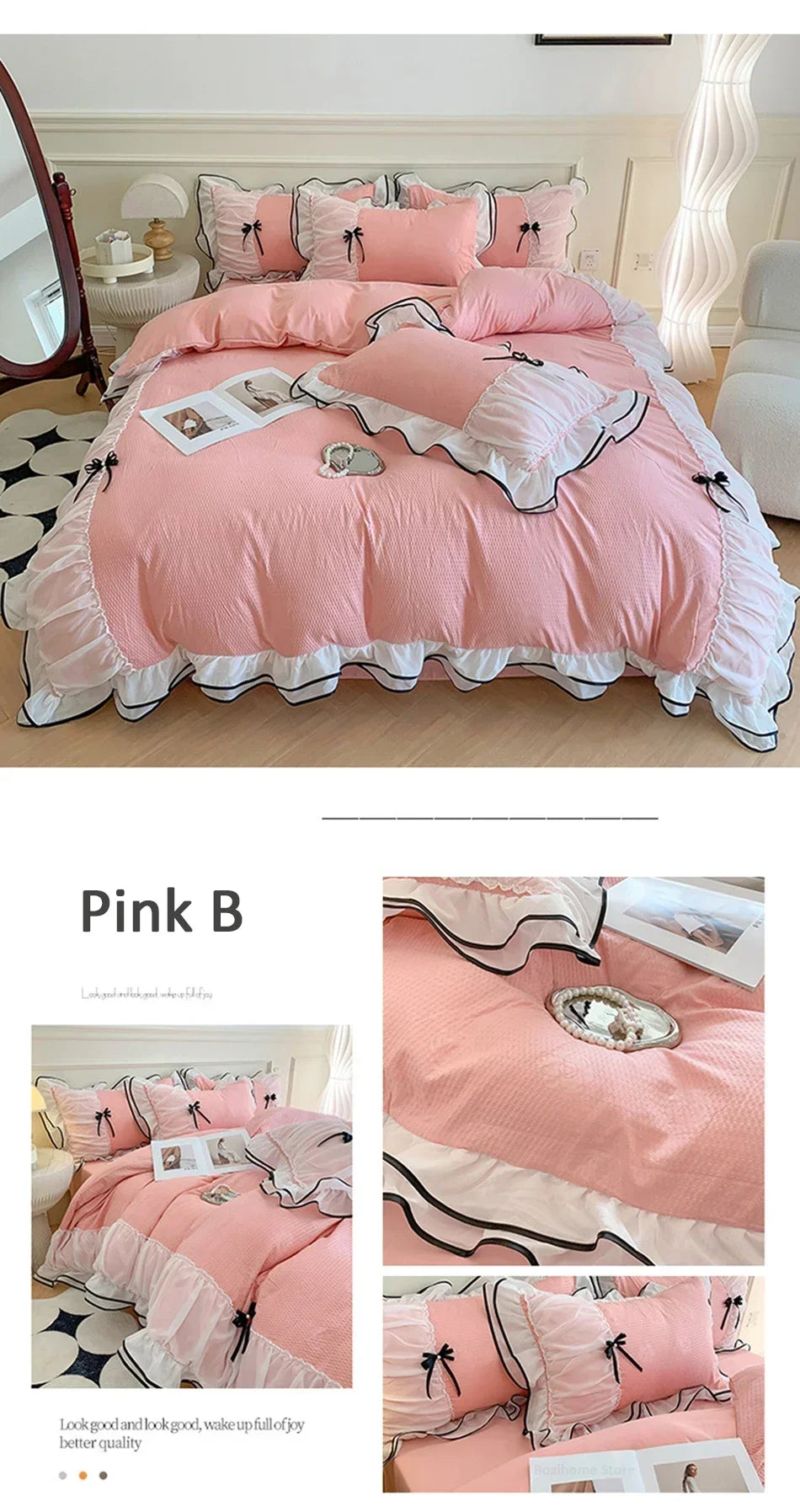 Korean Seersucker Bedding Set Princess Girls Lace Ruffled Bow Duvet Cover Double Bed Sheets Washed Cotton Twin Queen Quilt Cover