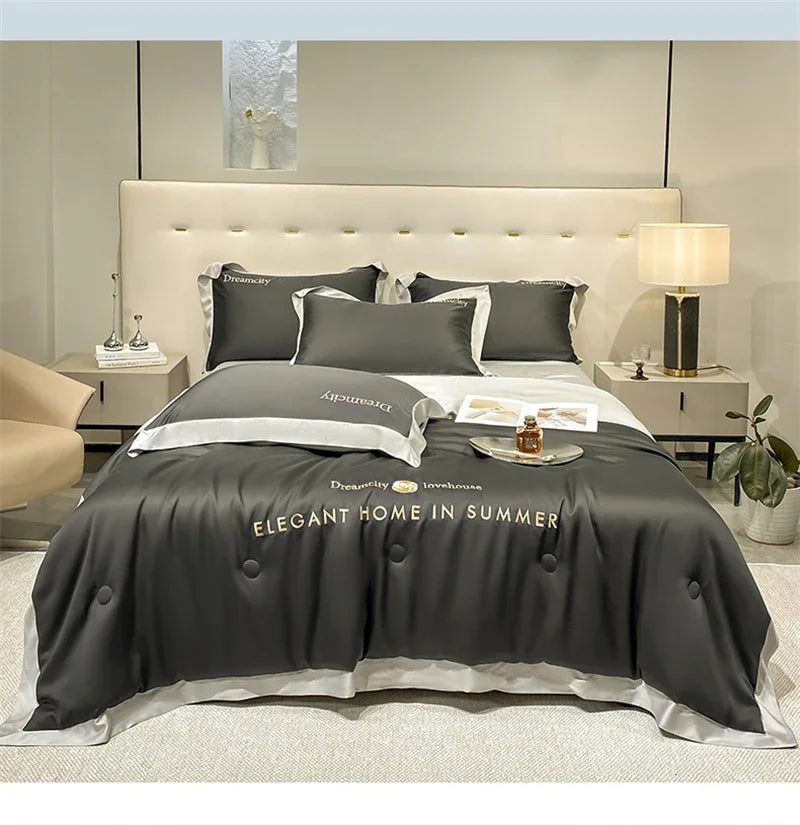 Luxury European Style Ice Silk Summer Quilt Set High-end Embroidered Cooling Blanket 4/3/1 Pcs Sets  Air Conditioning Comforter