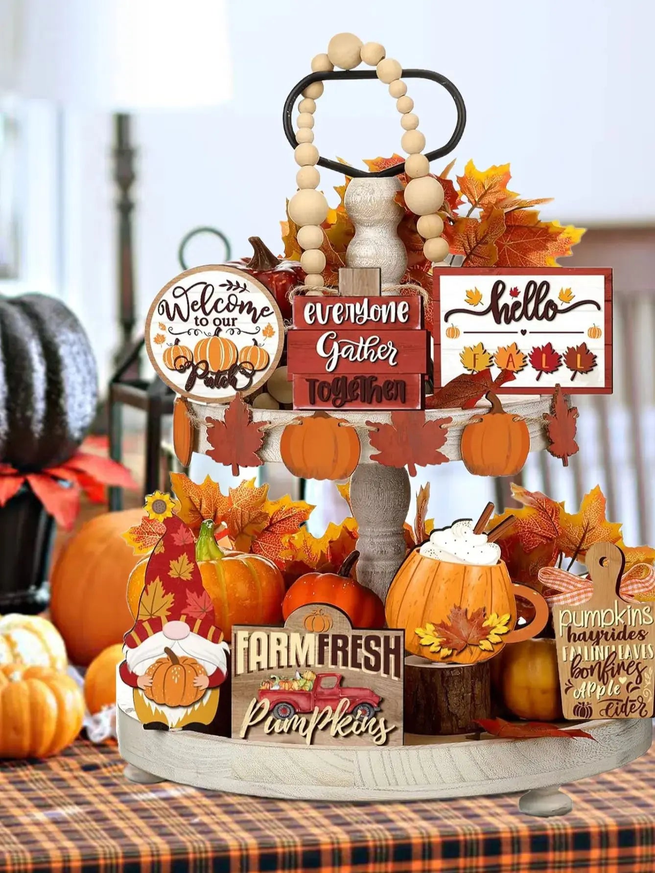 Fall Harvest Wooden Tiered Tray Decor Set -  Farmhouse Autumn Centerpieces with Pumpkin Spice and Maple Leaf Accents