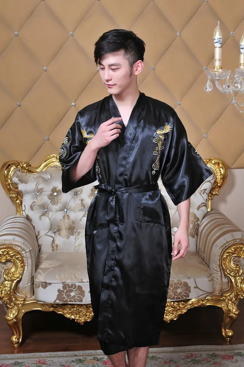 Chinese Style Robe Classical Embroider Dragon Kimono Man Homewear Long Bathrobe Satin Nightgown Loose Sleepwear Loungewear