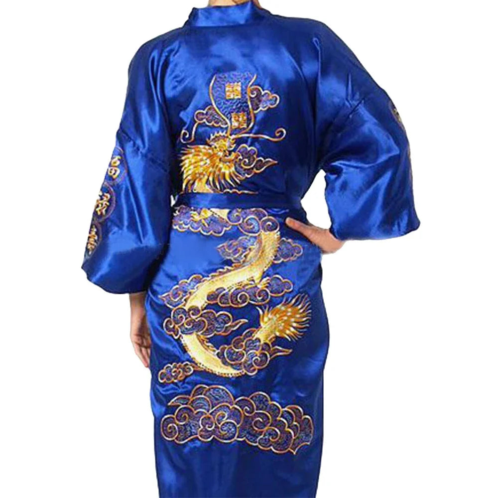 Silk Kimono Bathrobe, Chinese Dragon Design, Men's Sleepwear Gown, Satin Fabric, Navy Blue/Red/White/Black/Blue