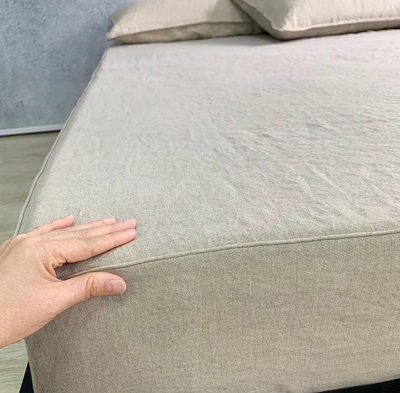 100% Linen Fitted Sheet Stone Washed Solid Color 1Piece Deep Pocket Mattress Cover Natural Soft and Breathable Farmhouse Bedding