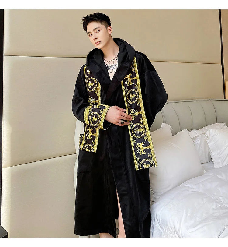 IEFB Winter Thickened Comfortable Velvet Light Luxury Hooded Long Nightgown Men's Fashion Robes Belted Warm Clothes 9Y9924