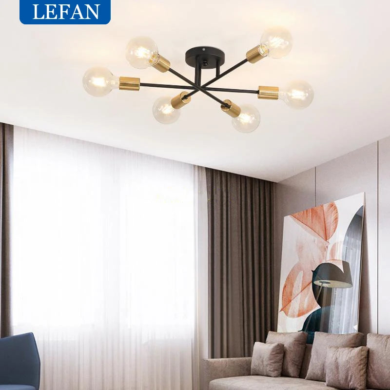 Modern Nordic LED Chandelier Semi Flush Mount Ceiling Lamp Brushed Antique Gold Home Decor Lighting Fixture