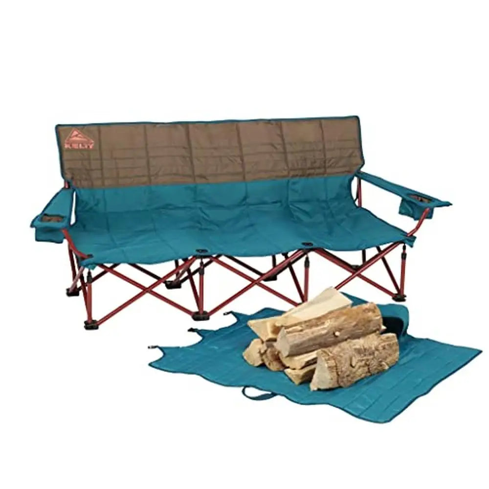 3 Person Folding Camp Couch with Cup Holders & Padded Roll Tote Sturdy Steel Construction Campsites Soccer Games and Backyard