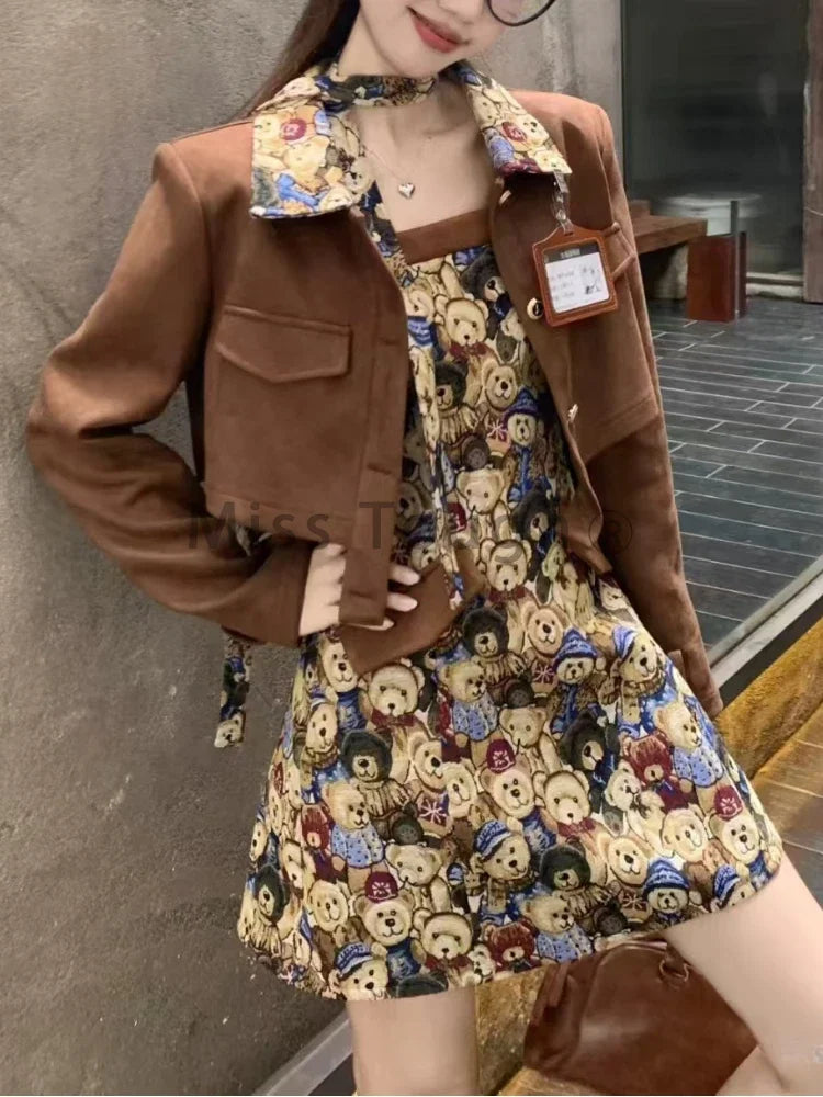 Autumn Vintage Thin 2 Piece Set Women Chic Design Print Sling Dress+Solid Short Jacket Fashion Pretty Elegant Slim Suit 2024 New