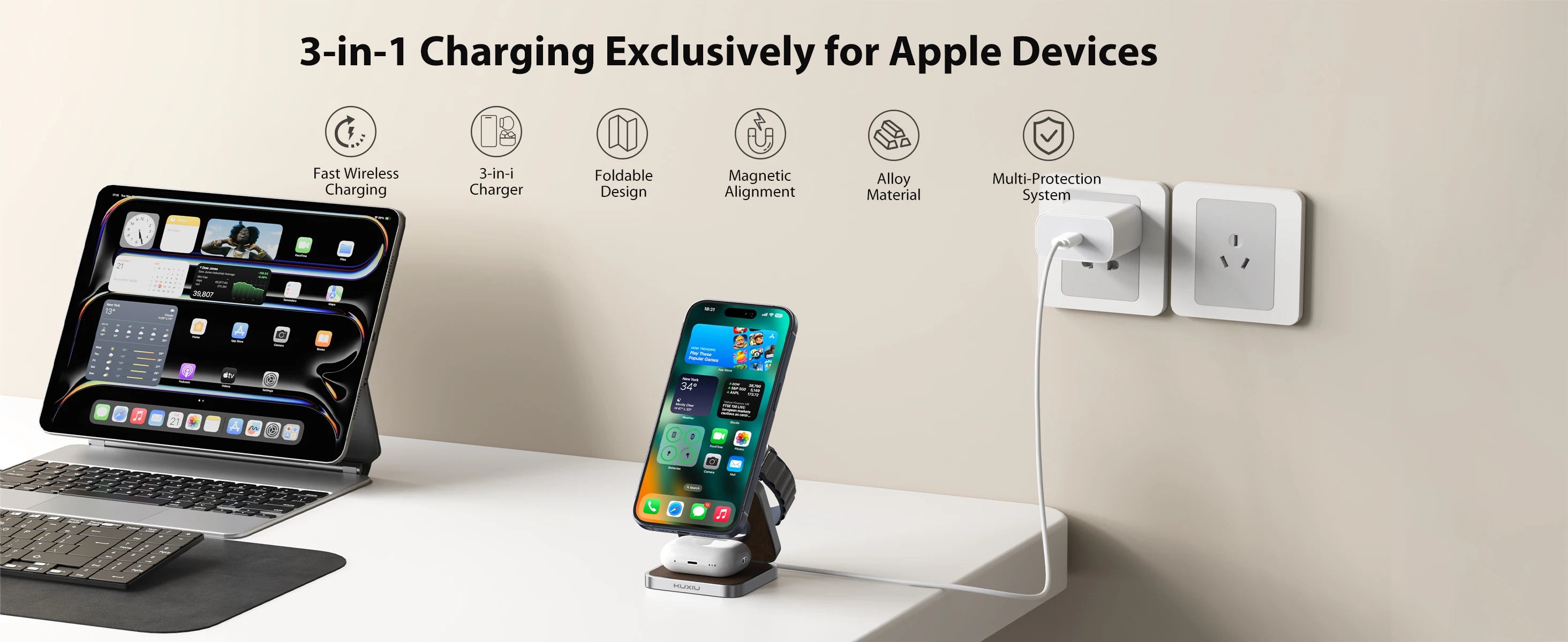 KUXIU 3-In-1 Foldable Magnetic Wireless Charging Station for iPhone 15/14/13/12 Series, Apple Watch Ultra/9/8/7, AirPods 3/2/Pro