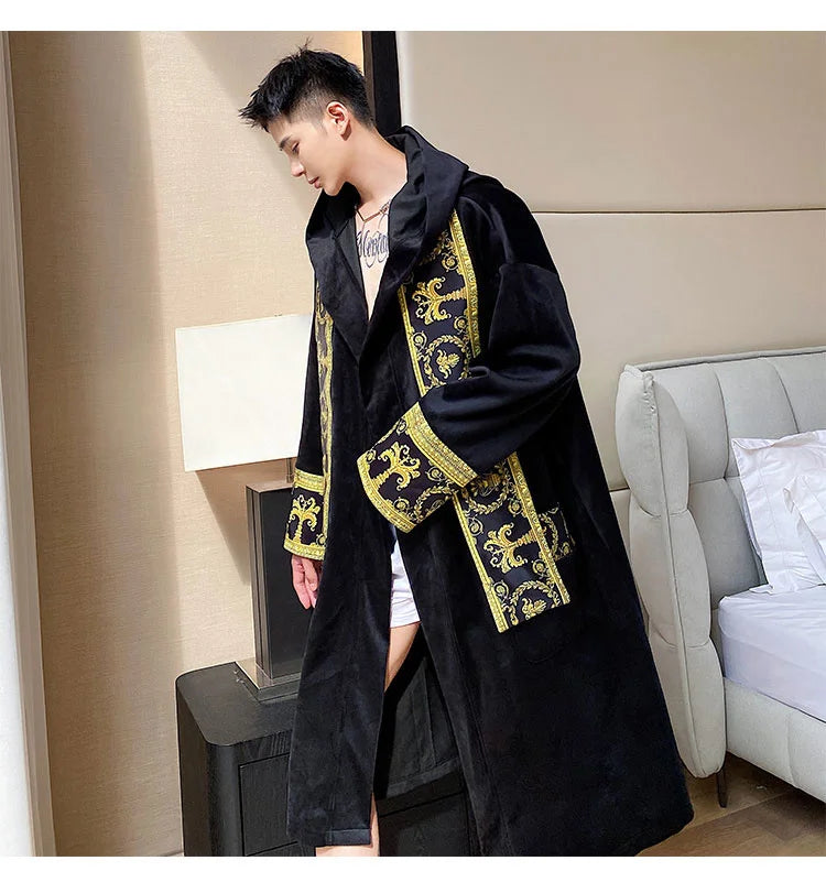 IEFB Winter Thickened Comfortable Velvet Light Luxury Hooded Long Nightgown Men's Fashion Robes Belted Warm Clothes 9Y9924