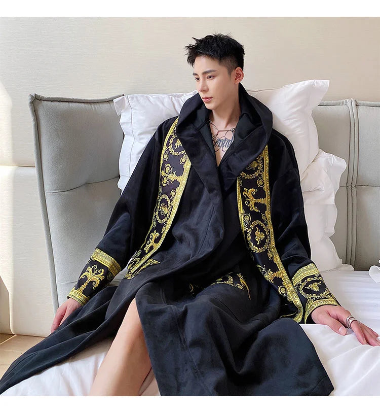 IEFB Winter Thickened Comfortable Velvet Light Luxury Hooded Long Nightgown Men's Fashion Robes Belted Warm Clothes 9Y9924