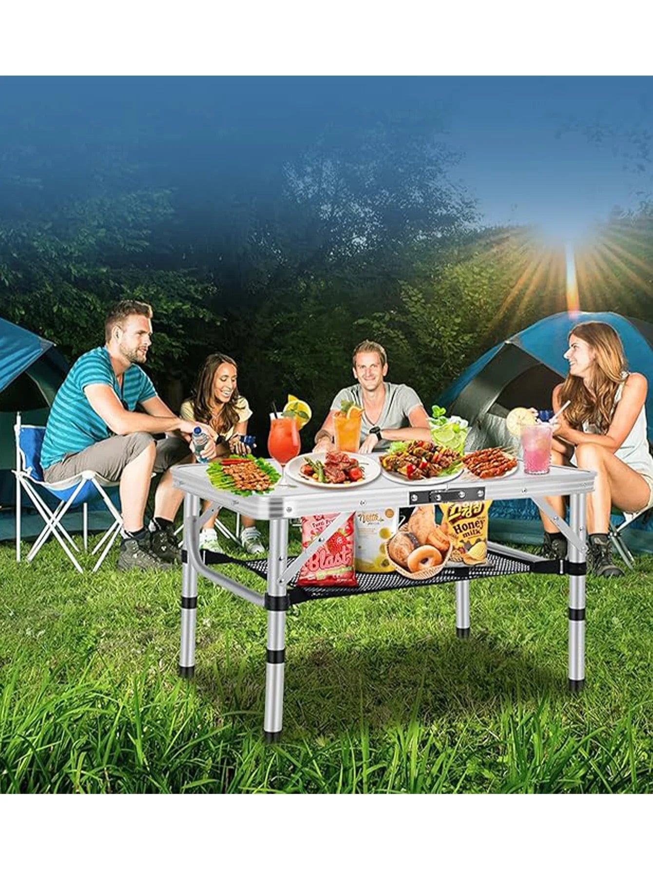 Small Folding Table, Portable Lightweight Aluminum Adjustable Height With Carry Handle, Camping Table With Mesh Holders For Outd