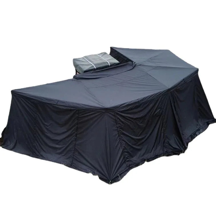 Outdoor self-driving five-angle 270-degree awning with cloth on the top side and double-axis fan-shaped tent with curtain a