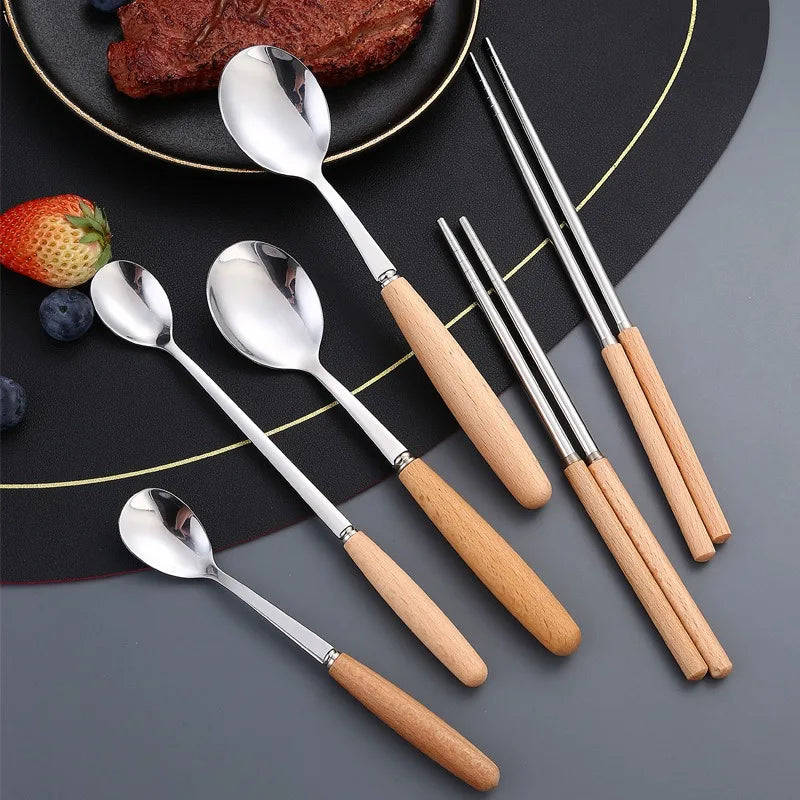 Kitchen Supplie Stainless Steel Marbled Wood Handle Knife, Fork and Spoon 5 Piece Deluxe Premium Steak and Dessert Cutlery Set