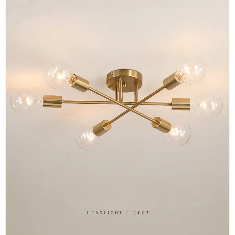 Modern Nordic LED Chandelier Semi Flush Mount Ceiling Lamp Brushed Antique Gold Home Decor Lighting Fixture