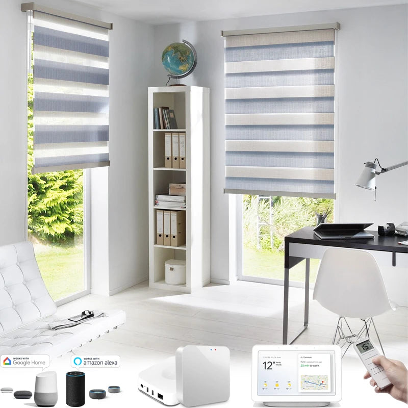 Automated Window Blinds No Drills Blackout Day Night Zebra Blinds Cover