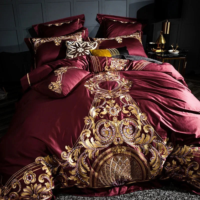 Luxury Gray Red 1000TC Satin Egyptian Cotton Bedding set Gold Royal Embroidery Queen King Duvet Cover Bed Linen/sheet Pillowcase