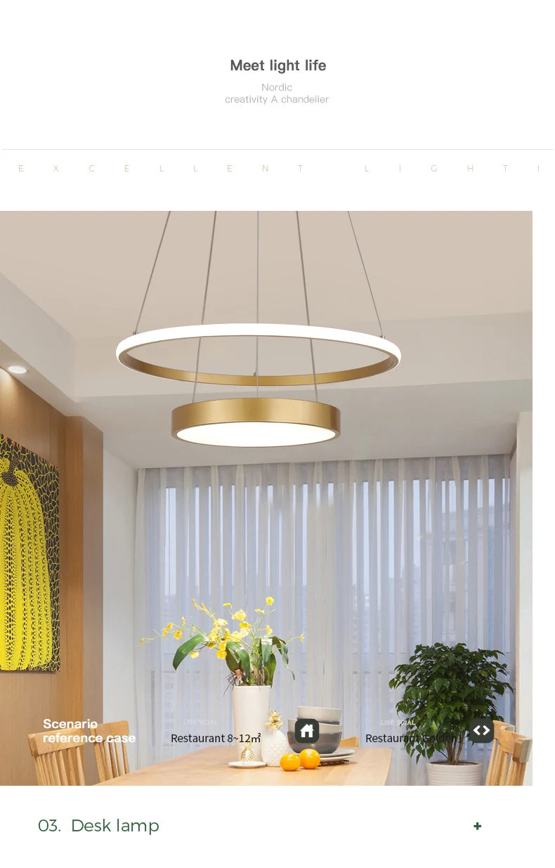 Modern LED Chandelier Lamp for Dining Study Room Kitchen Indoor Decorative Lighting Circularity Gold LED Ceiling Chandelier