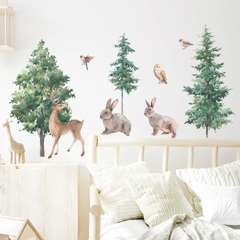 Cartoon Forest Deer Bunny Bird Wall Stickers for Kids Room Bedroom Wall Decor Home Decoration Vinyl Nordic Animals Trees Decals