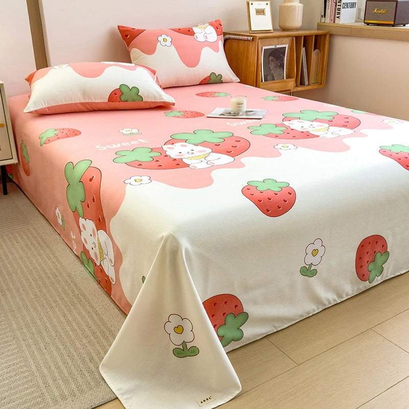 3Pcs Cartoon Strawberry Rabbit Cotton Bed Sheet Set Kawaii Style Bedroom Decor Flat Sheet High Quality Thickened Bedding Set