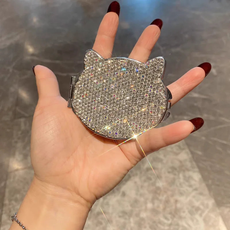 Luxury cosmetic mirror artificially diamond-encrusted cat folding HD double-sided mini portable