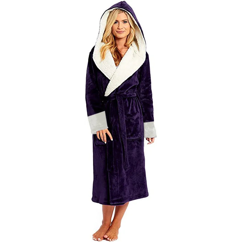 Women'S Long Bathrobe Soft Comfortable Flannel Nightgown With Belt Autumn And Winter Solid Color Fleece Hooded Bathrobe 2024