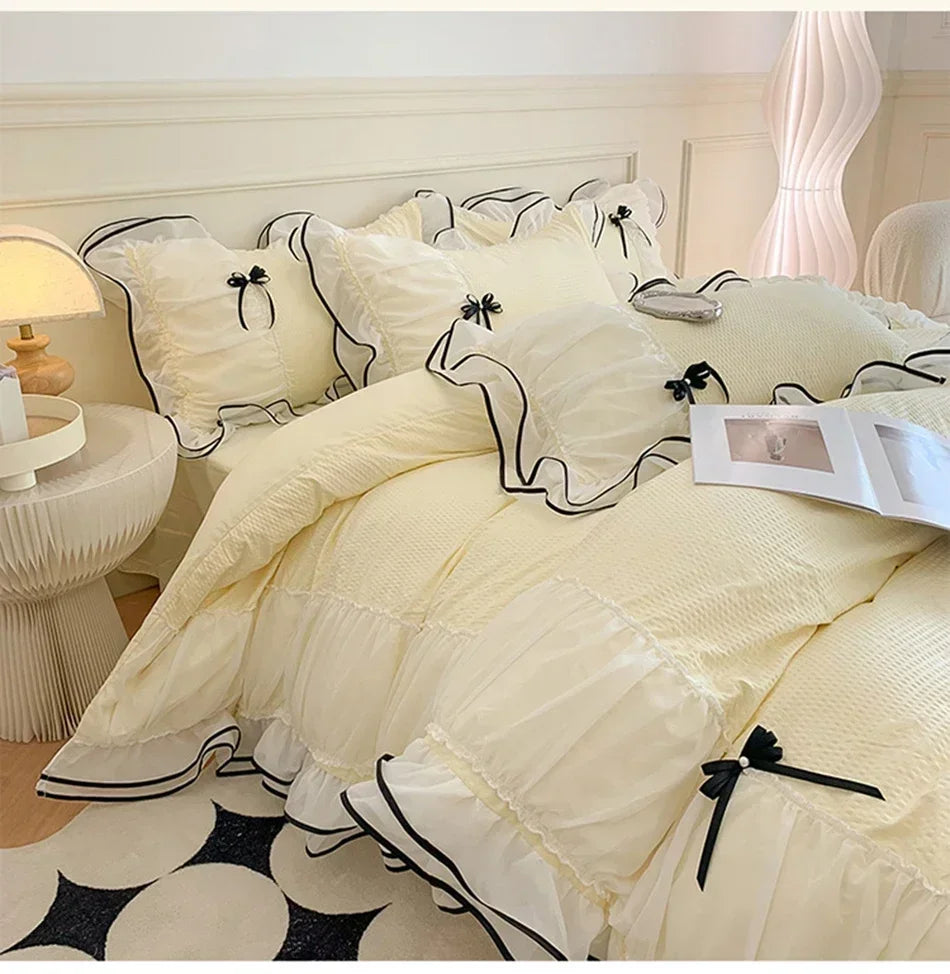 Korean Seersucker Bedding Set Princess Girls Lace Ruffled Bow Duvet Cover Double Bed Sheets Washed Cotton Twin Queen Quilt Cover