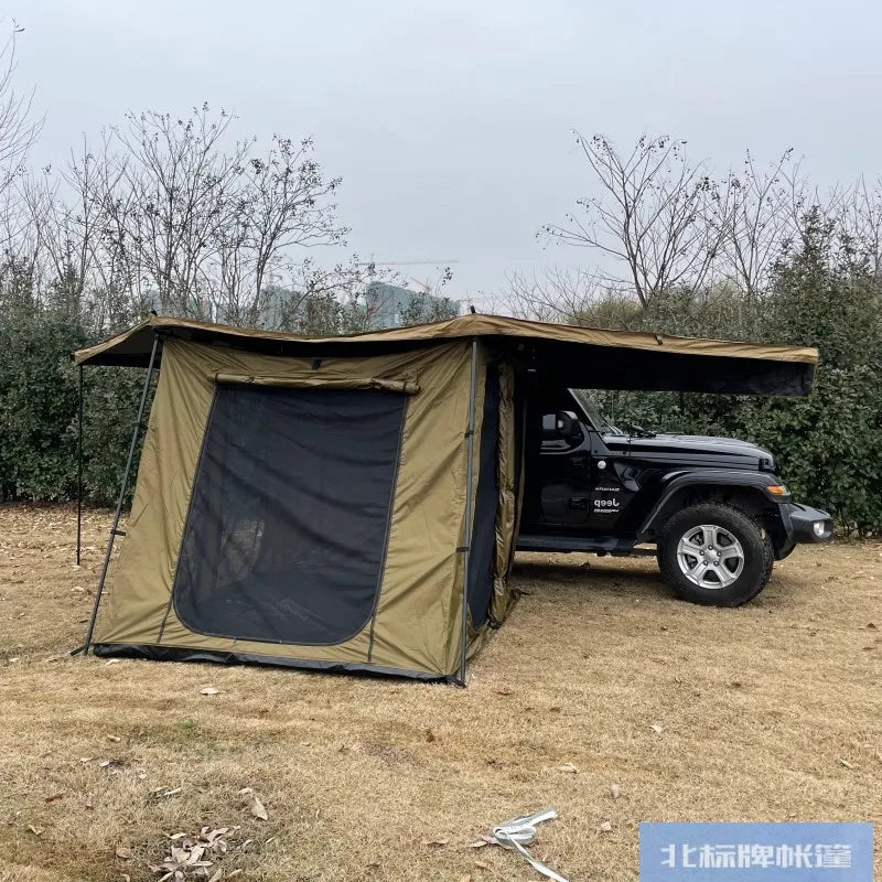 Outdoor self-driving five-angle 270-degree awning with cloth on the top side and double-axis fan-shaped tent with curtain a